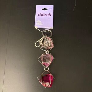 NWT Claire's Pink Gem Dangle Keychain Charm Silver Tone Geometric‎ Shapes